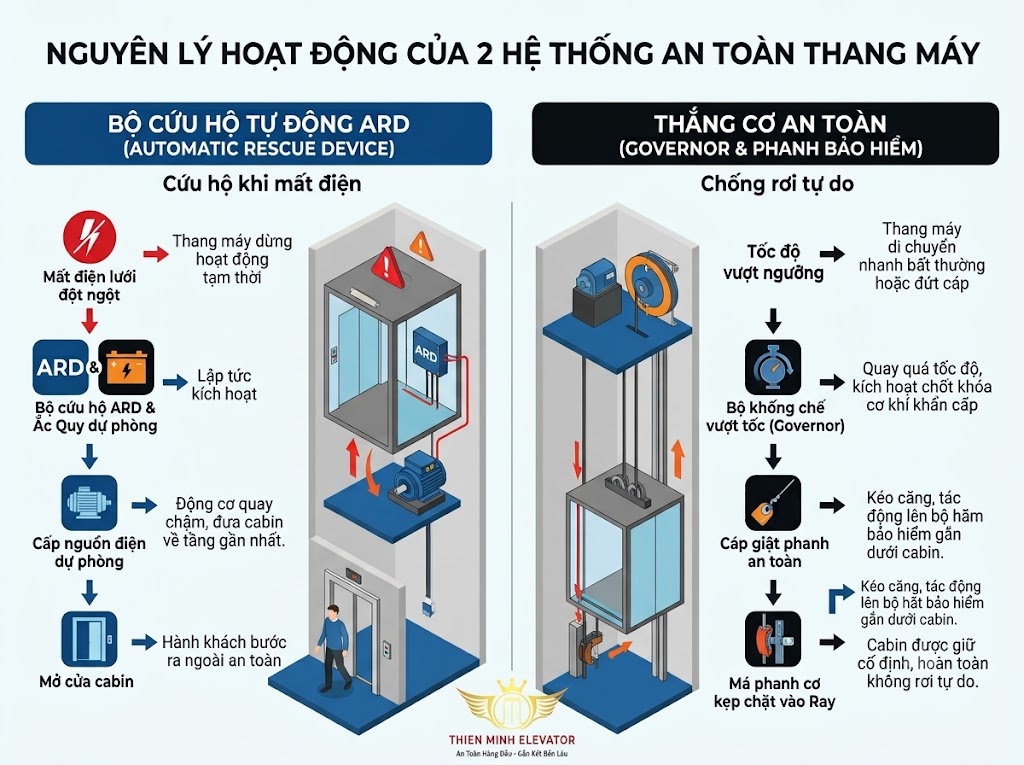 Nguyên lý hoạt động của 2 hệ thống an toàn thang máy